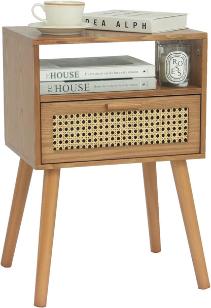 MaxSmeo Mid Century Modern Nightstand with Drawer, Small Nightstand Bedside Table, Rattan