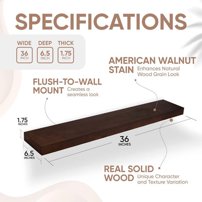 Homeforia Walnut 36 inch Floating Shelf, High End Solid Real Wood 36inch Large Shelves for Bathroom