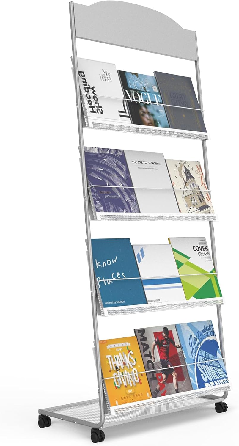 Floor-Standing Magazine Rack 4-Layer with Wheels, Semi-arched top Brochure Display Stand