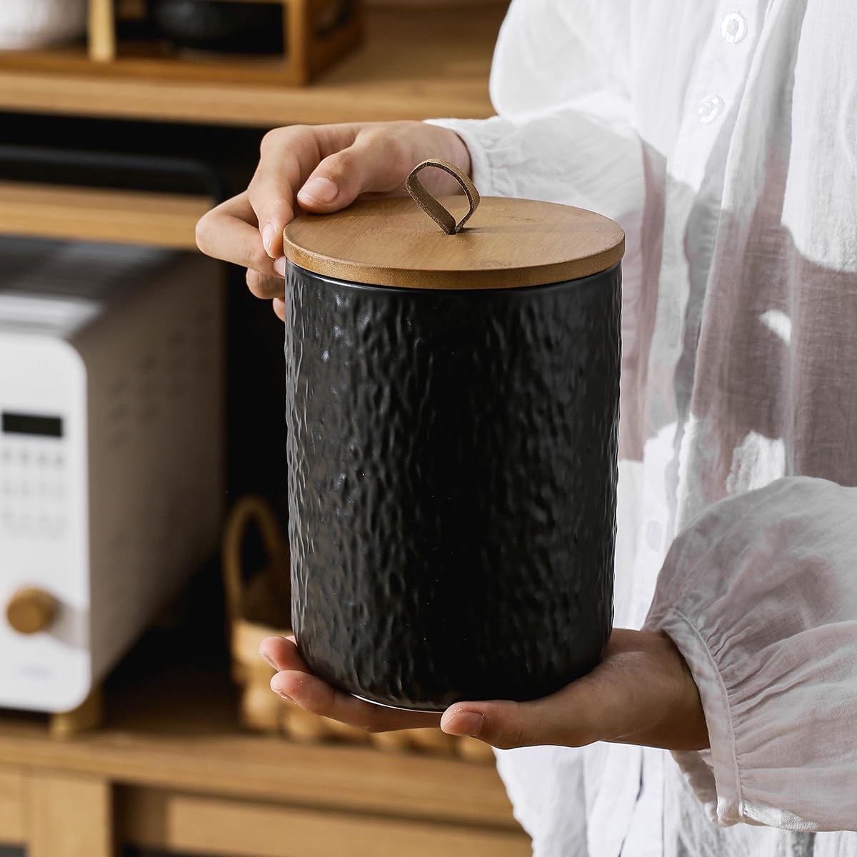 Black White Ceramic Coffee Canister Tea Canister with Seal Wood Lid, Airtight Coffee Storage