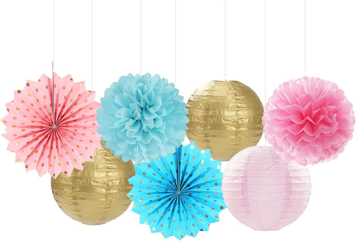 Pink Blue-Gold Party-Decorations Streamers Lanterns - 14pcs Gender Reveal Boy or Girl Birthday