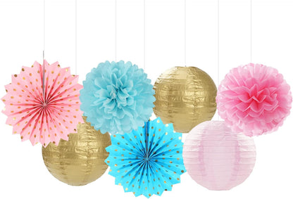 Pink Blue-Gold Party-Decorations Streamers Lanterns - 14pcs Gender Reveal Boy or Girl Birthday