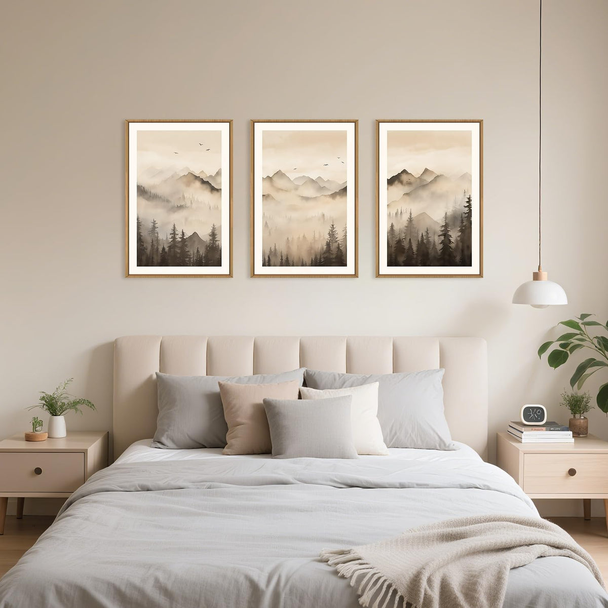 Celestdeco Nature Misty Forest Framed Canvas Wall Art Set, Foggy Landscape Wall Decor, Watercolor