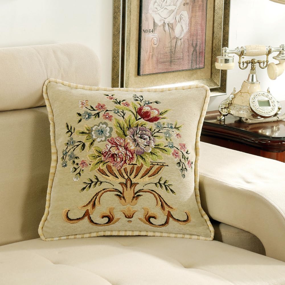 Set of 2 Beige Vintage Throw Pillows Covers 18x18in，Floral Embroidered Cushion Cover for Sofa