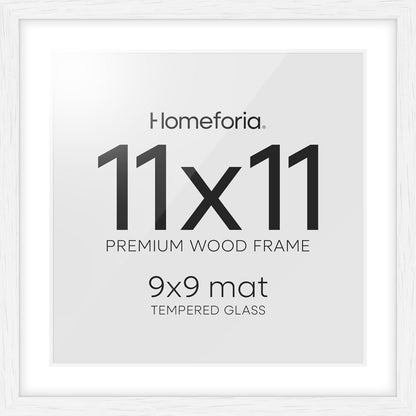 Homeforia 11x11 Picture Frame White, High-End Oak 11 x 11 Square Wooden Frames with Mat 9 by 9 inch