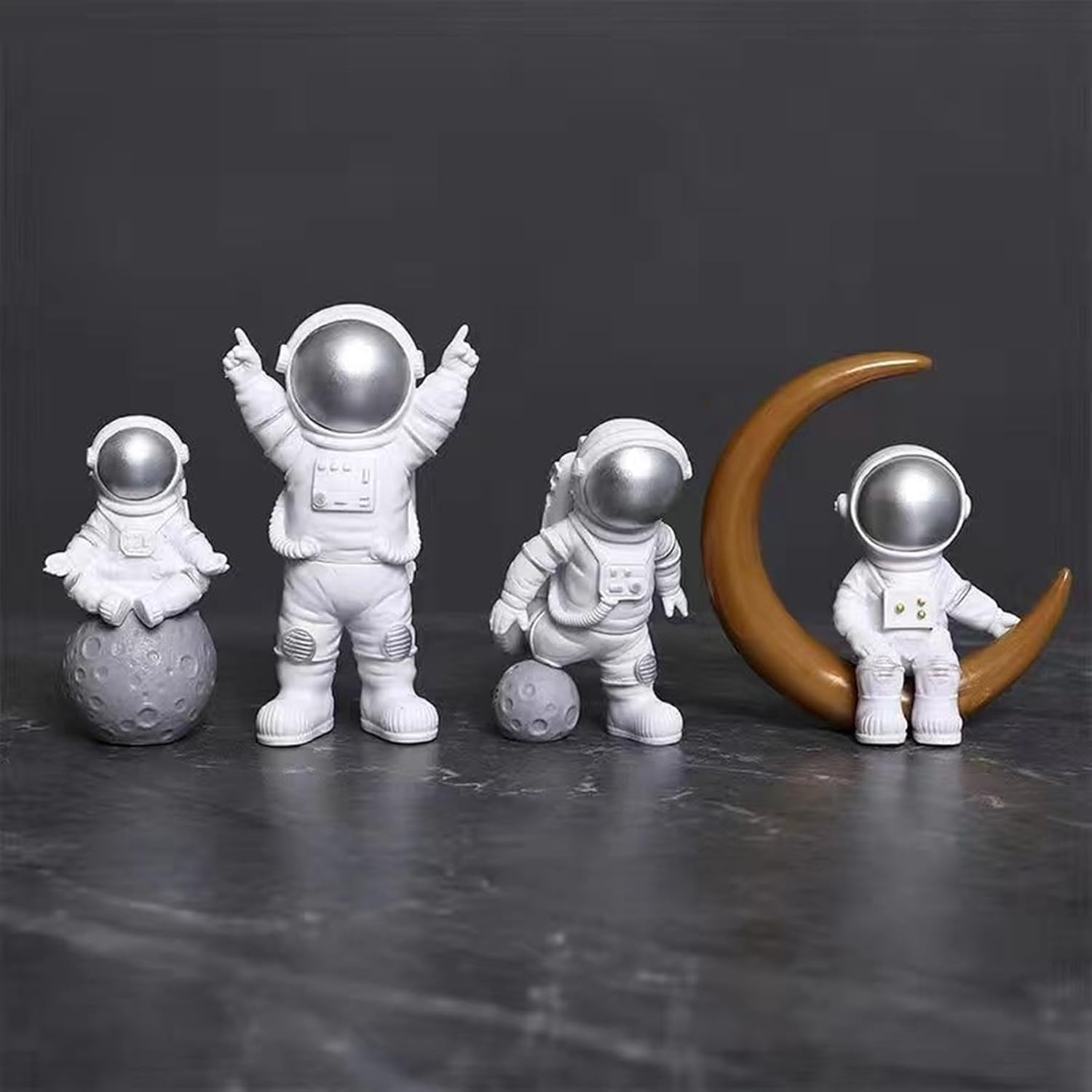 4 Pcs Silver White Astronaut Statues Set, Spaceman Sculpture Figurines Home Ornament Cake Toppers