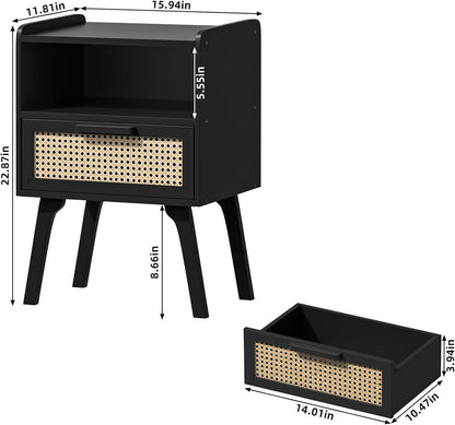 Lerliuo Rattan Nightstand, Bedside Table with Drawer Open Shelf, Cane Accent Side End Table with