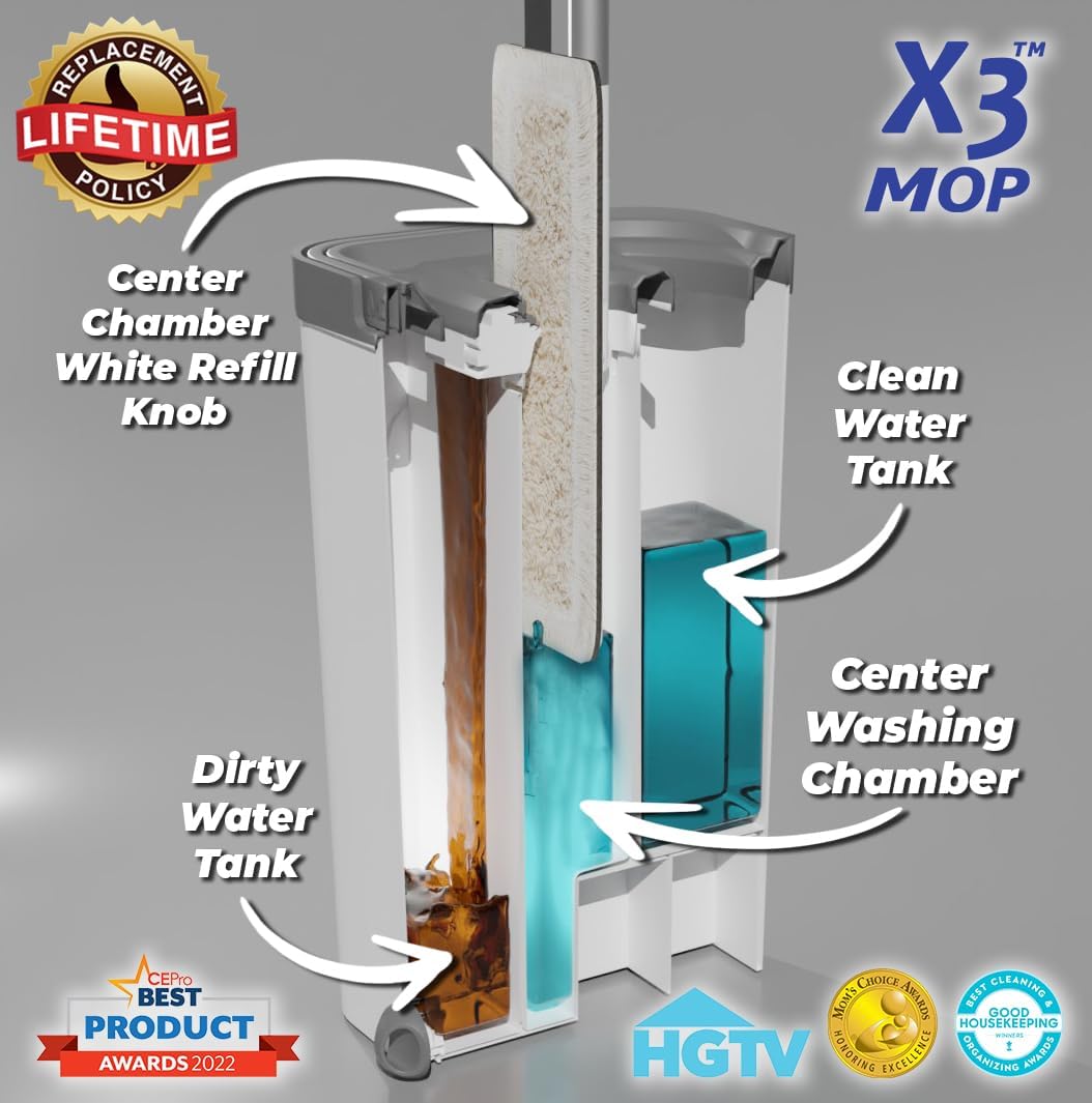 X3 Mop, Separates Dirty and Clean Water, 3-Chamber Design, Flat Mop and Bucket Set, Hands Free Home