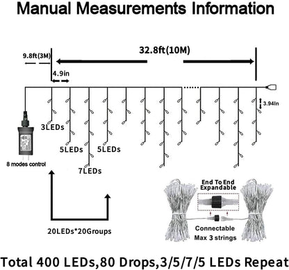 YEGUO 33ft 400 LED Blue and White Icicle Lights Outdoor Waterproof, 80 Drops Icicle String Lights