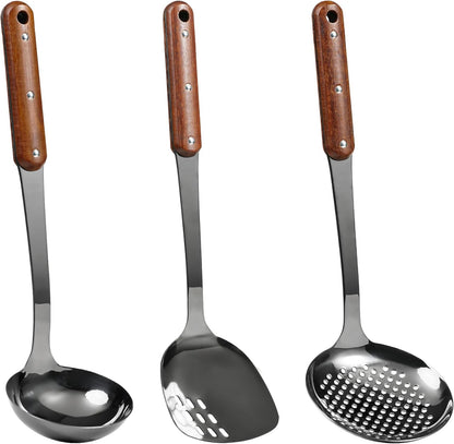 FJNATINH Stainless Steel Wok Spatula,Ladle,Skimmer Ladle Tool Set,Mirror Polished Cooking Utensils