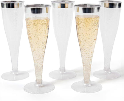 Prestee Set of 24 Silver Glitter Plastic Champagne Flutes - 4.5 oz Capacity - Shatterproof Durable
