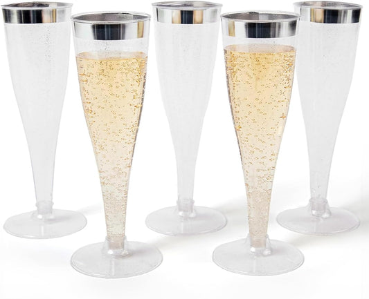 Prestee Set of 24 Silver Glitter Plastic Champagne Flutes - 4.5 oz Capacity - Shatterproof Durable