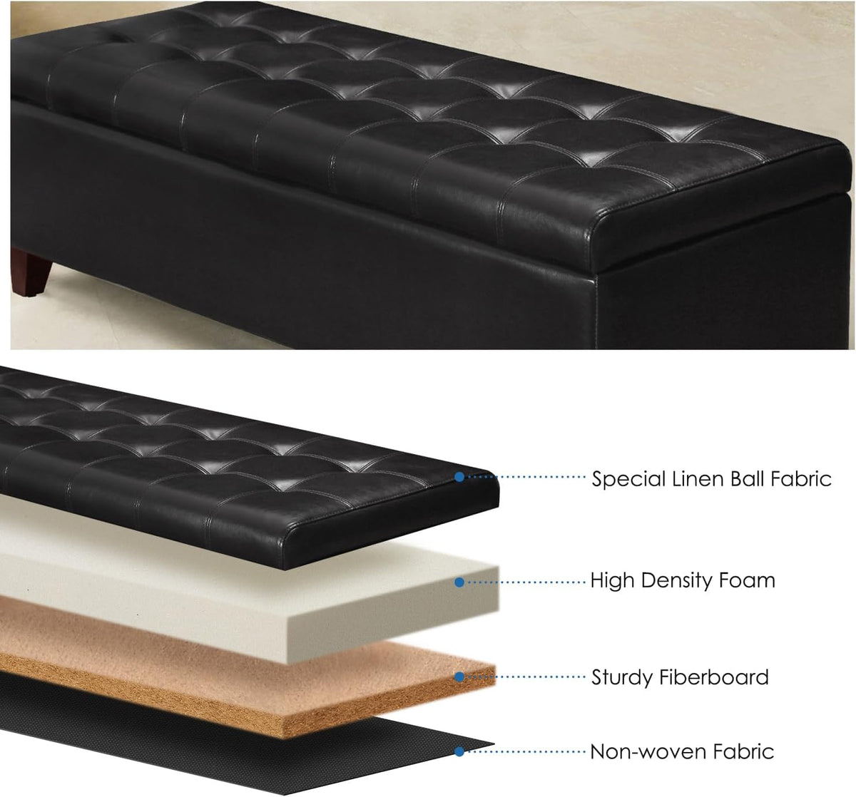 Joveco Storage Ottoman Bench, 51 Inch Leather Tufted Upholstered Bench for End Foot of Bed