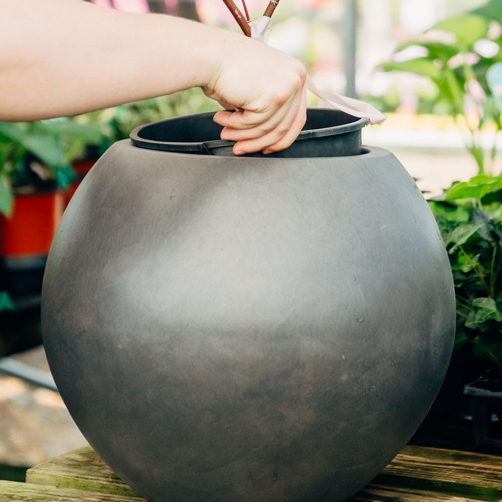 Ash & Ember Onyx 16" D Ceramic Indoor Outdoor Round Sphere Planter, Charcoal, Home Décor Evergreen