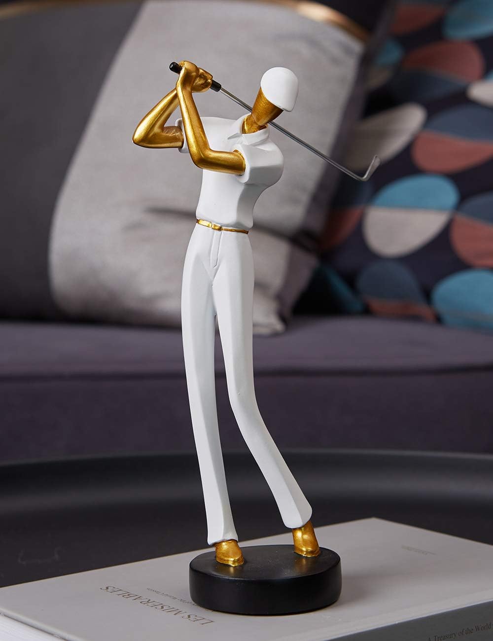 HAUCOZE Golf Figurine Statue Golfer Decoration Arts Home Decor Sculpture Polyresin White 9.6 inch