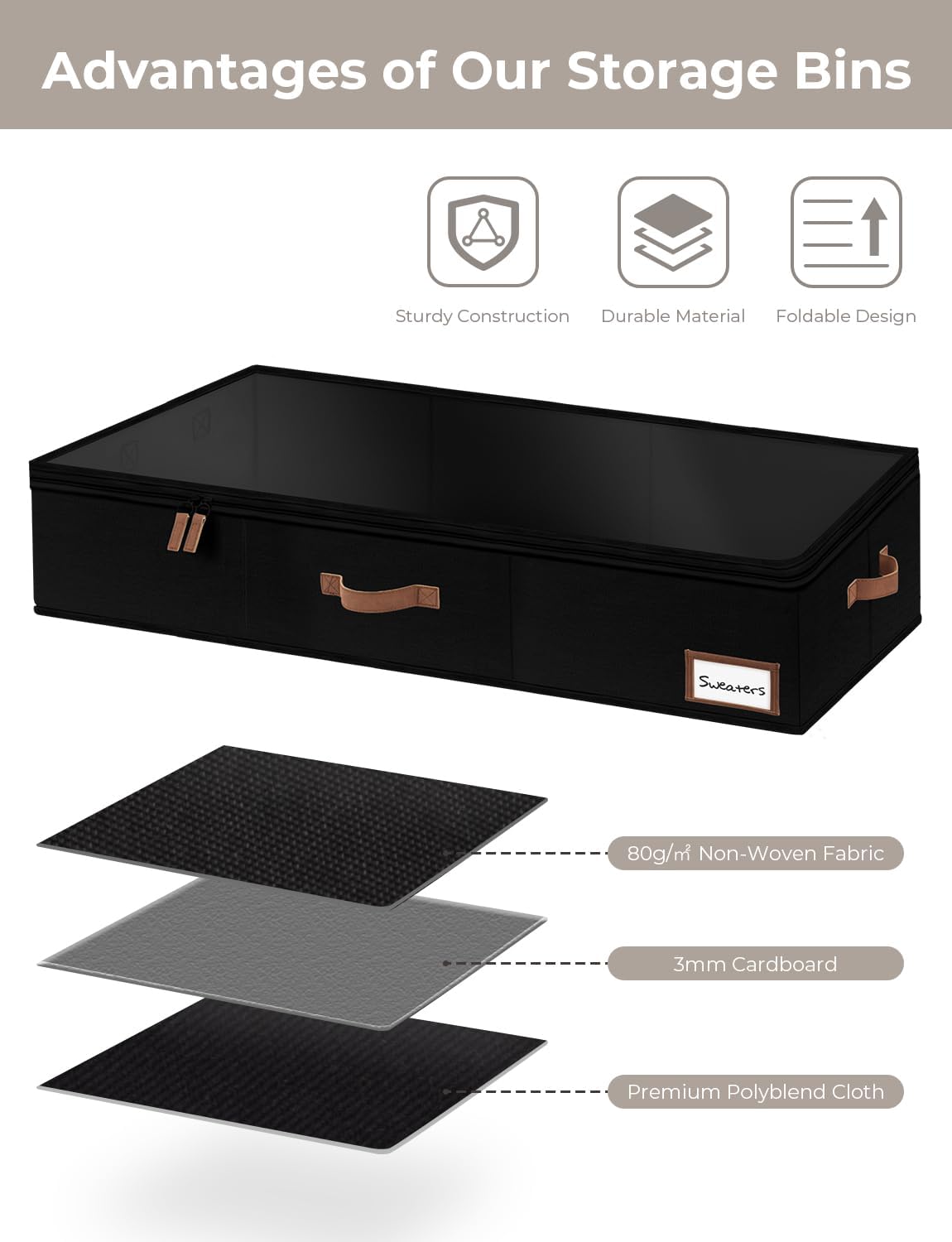 StorageWorks Large Under Bed Storage Containers with Handles and Label Holder, 2 Pack Ultra-thick