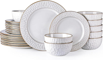 GBHOME Ceramic Dinnerware Sets, 24 pcs Embossed Elegant Stoneware Plates and Bowls Sets
