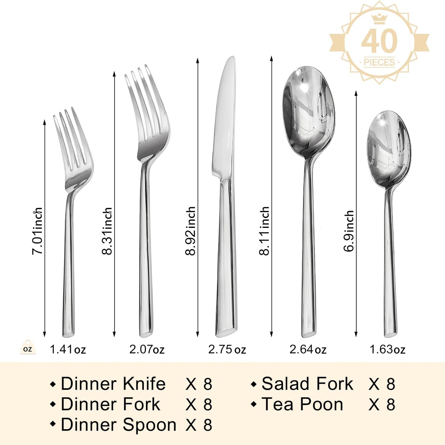 KINGSTONE Silverware Set, 40-Piece Forged Flatware Set Cutlery Set Premium Stainless Steel, Service