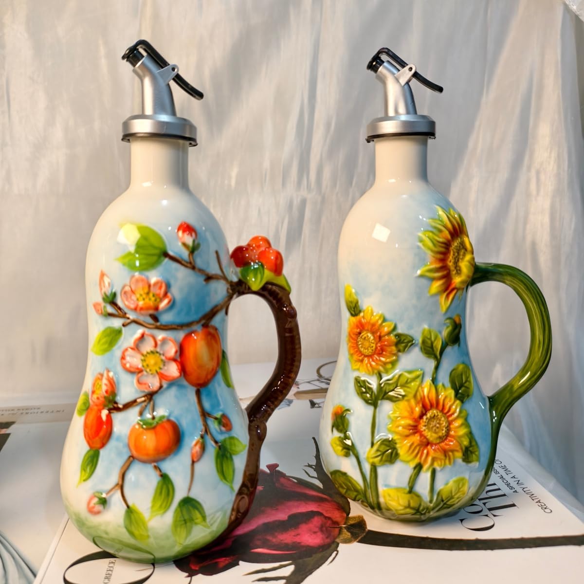 18 Oz Hand Painted Relief Ceramic Olive Oil Bottle Dispenser for Kitchen, Oil and Vinegar Bottle