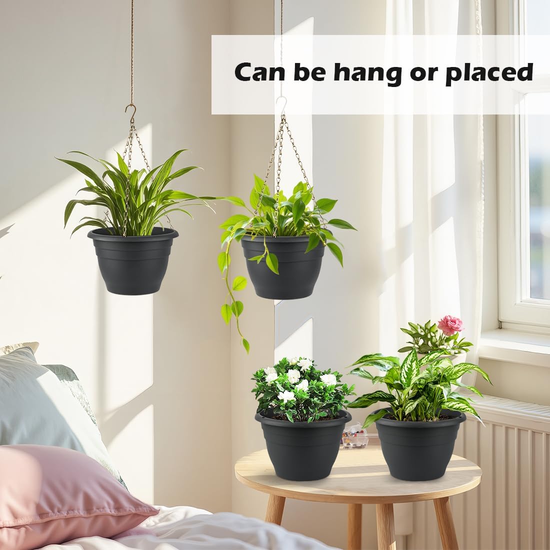 Hanging Planters 10 Inch, 4 Pcs Flower Pots with Drainage Hole, Self Watering Hanging Basket for