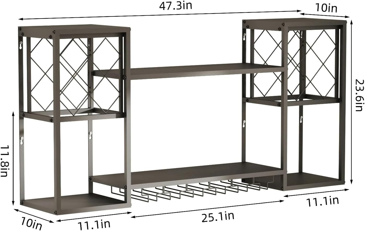 Wall Mounted Wine Rack with Glass Holder,Metal Floating Bar Liquor Shelves 2 Tier,Wine Glass Rack