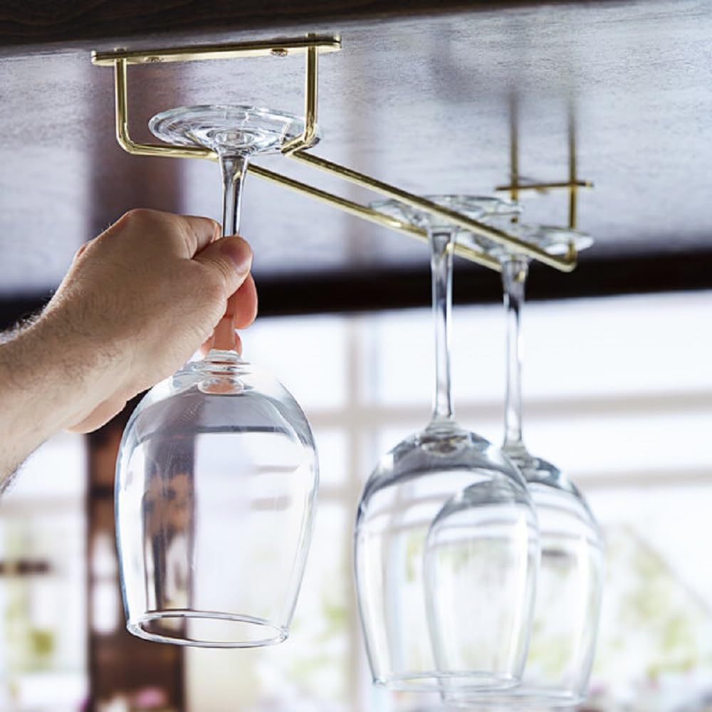 Soro Essentials- 16" Glass Hanging Stemware Rack Brass Plated Set of 2- Wine Glass Hangers Under
