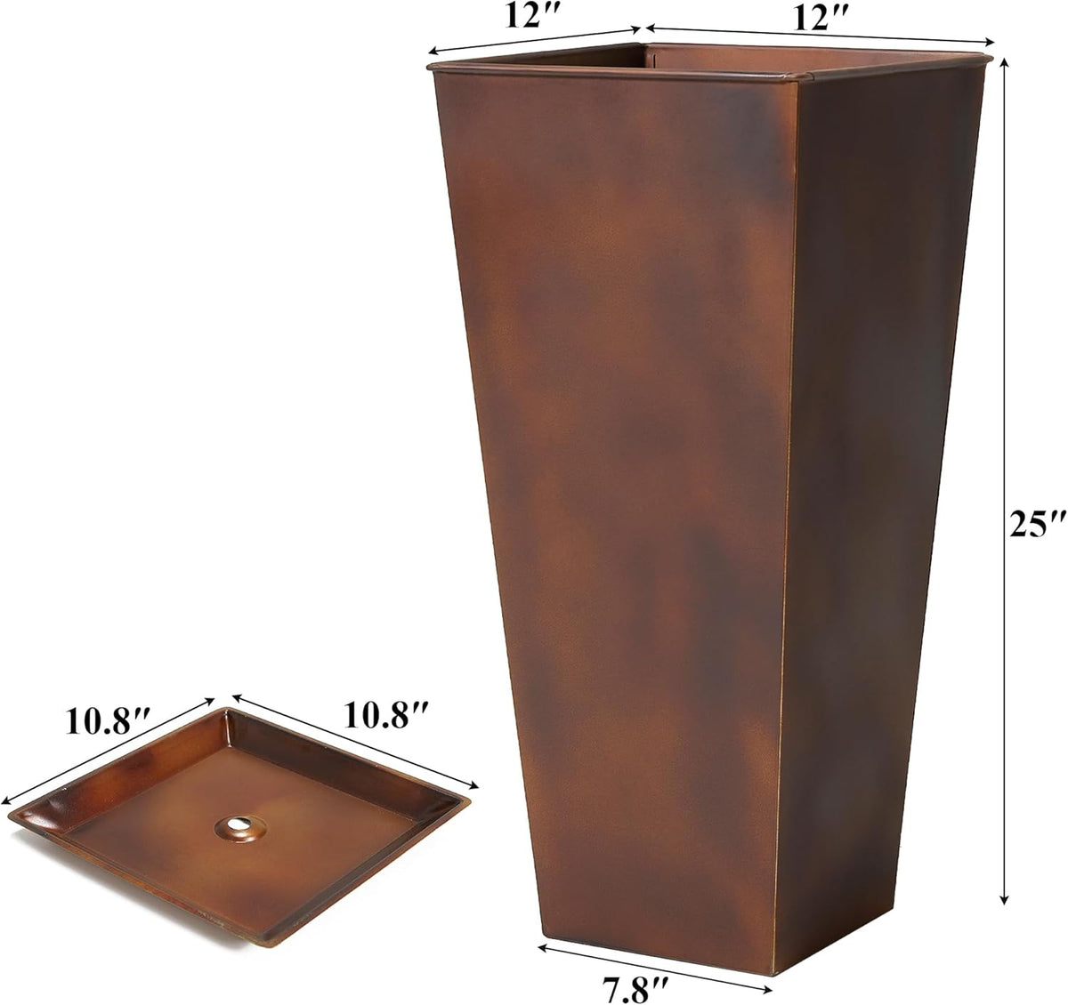 WORTH Garden 12" Dia x 25" H Large Metal Planter Set of 2, Matte Bronze Retro Finish Tall Square