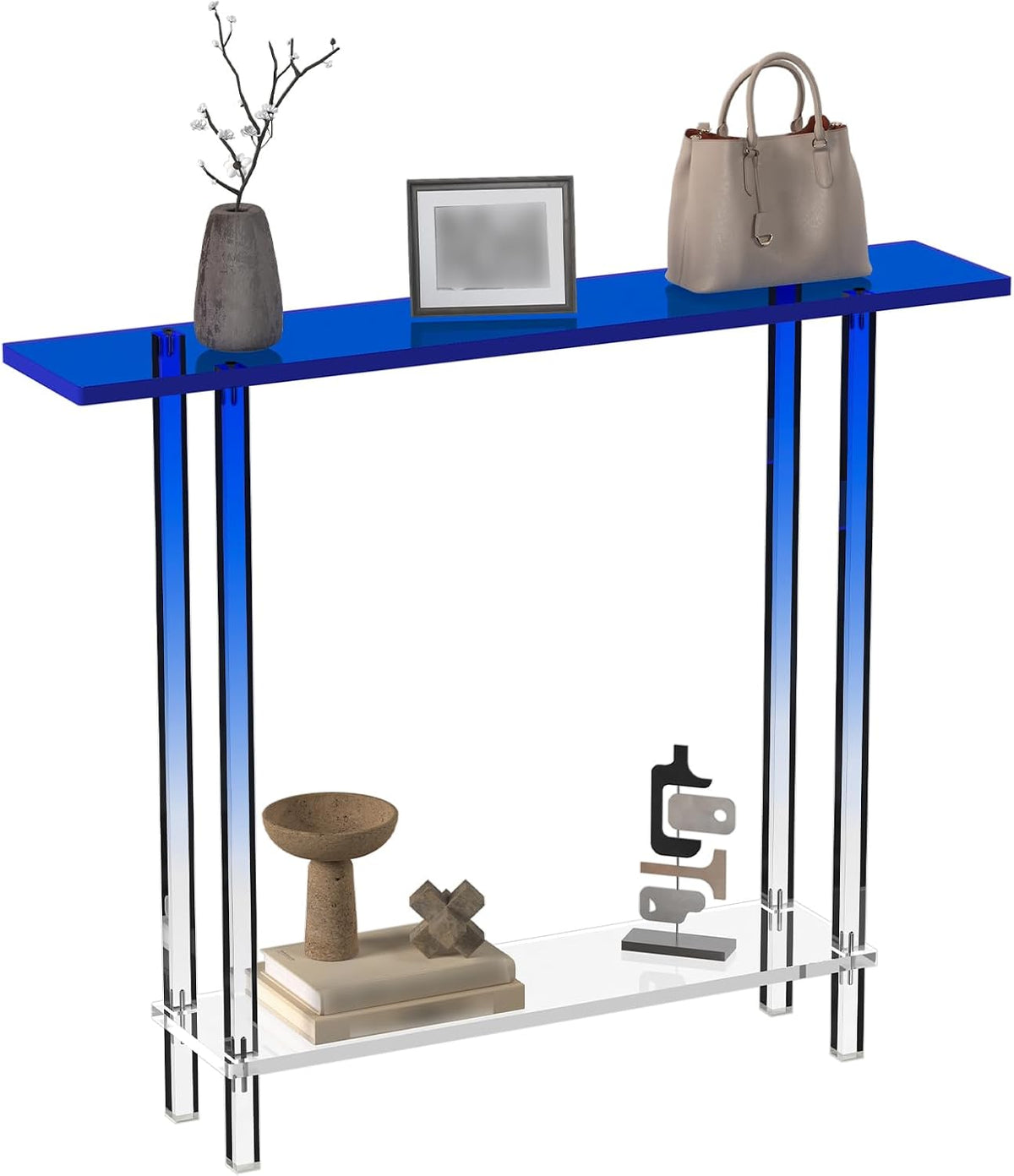 HMYHUM Narrow Acrylic Console Table, with Transparent Gradient Blue Square Legs, 7.6" Width, 2-Tier