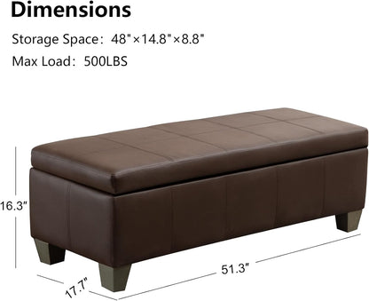 51 Inch Brown Faux Leather Ottoman with Storage, Rectangular Extra Long Bench, End of Bed Bench