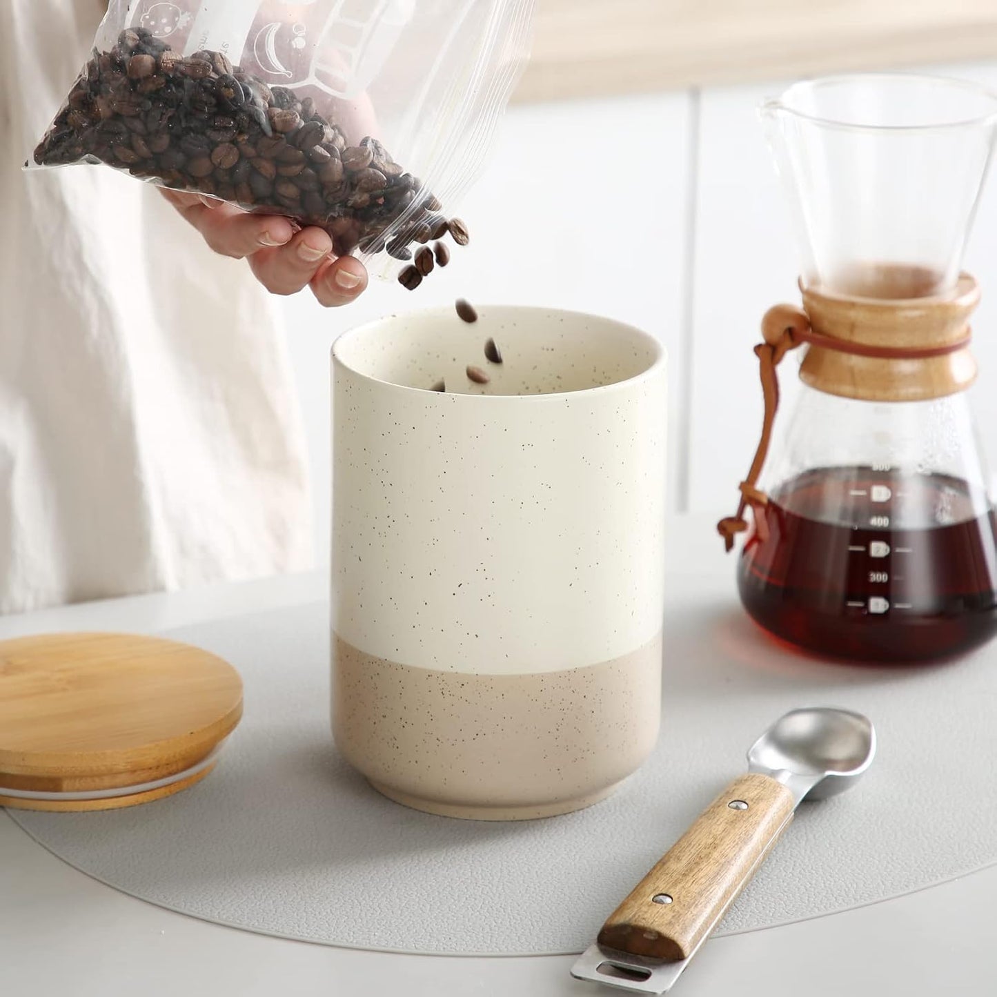 vancasso Sabine Coffee Storage Jar, 36 Oz Ceramic Kitchen Canister with Airtight Wood Lids, Coffee