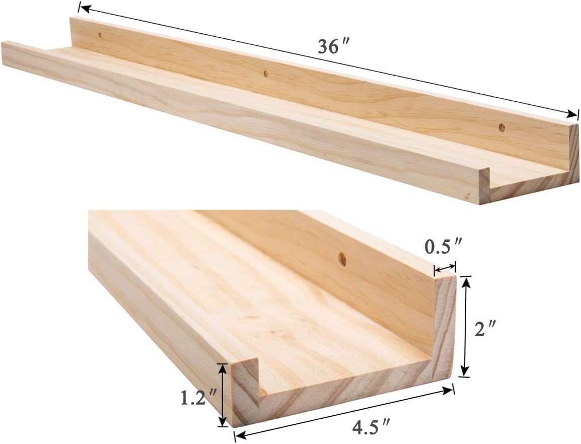 AZSKY 2pc 36in Natural Wood Floating Shelves, Country Rustic Style Wall Shelves for Kids Books