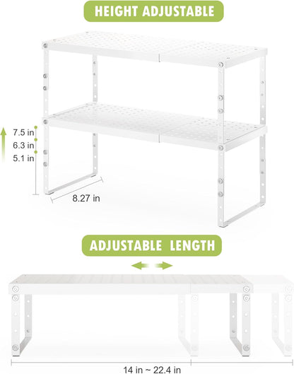 Expandable Cabinet Organizer Shelf With Adjustable Height, Stackable Kitchen Countertop Organizer