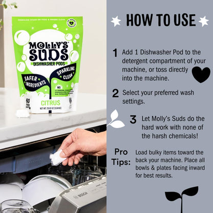 Molly's Suds Dishwasher Pods | Clean Dishwasher Detergent, Cuts Grease & Rinses Clean