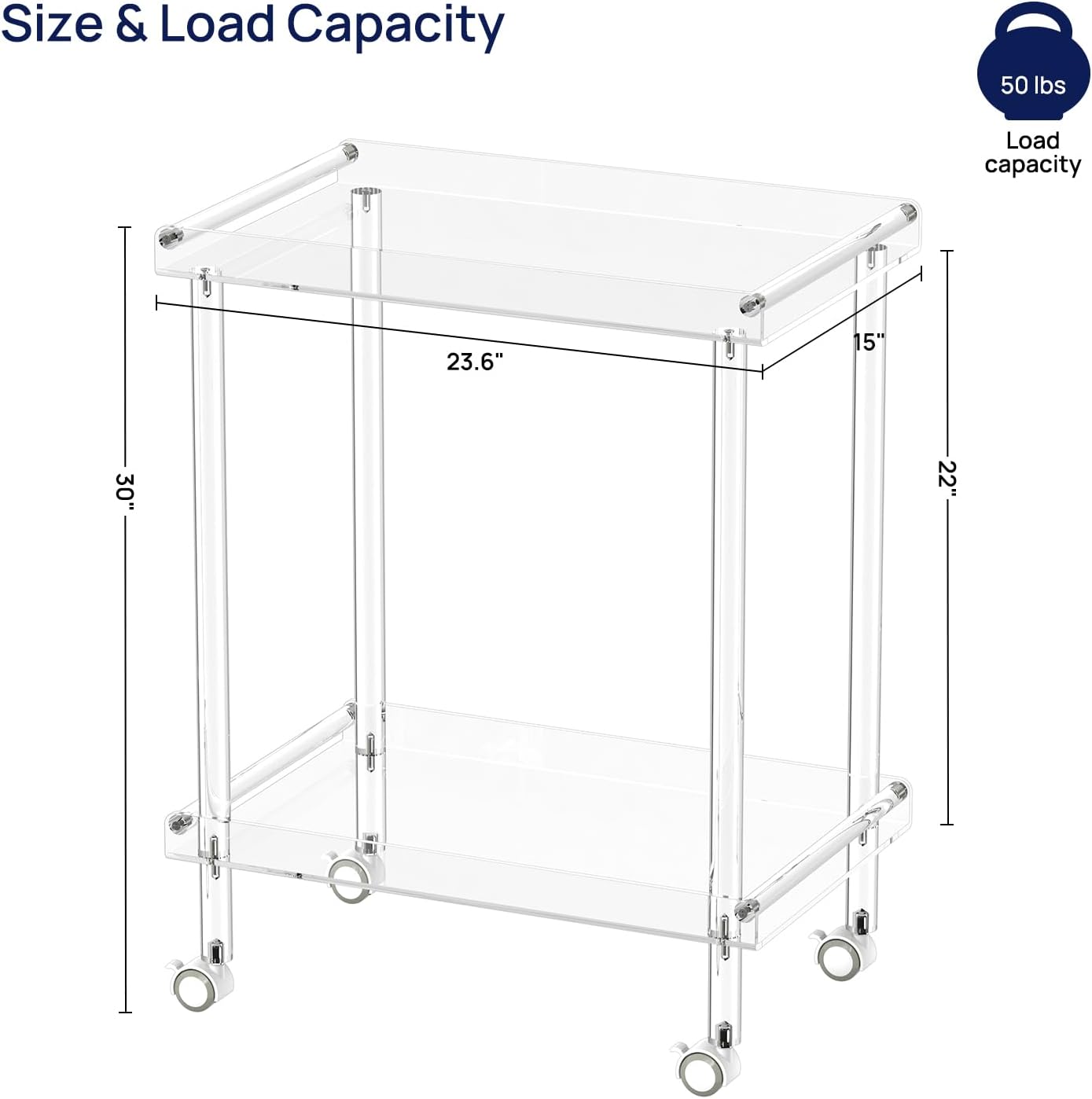 HMYHUM Acrylic Bar Cart, Rolling Serving Cart with 4 Lockable Wheels for The Home Bar, Kitchen