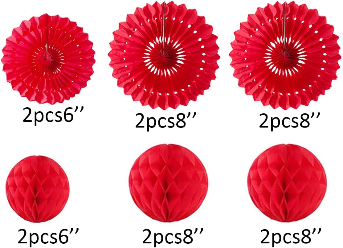 12pcs 6'' 8'' Red Honeycomb Balls Tissue Paper Fans Party Honeycomb Ball Fans Wall Decor Tissue Pom