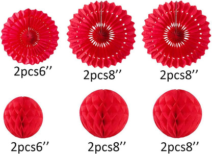 12pcs 6'' 8'' Red Honeycomb Balls Tissue Paper Fans Party Honeycomb Ball Fans Wall Decor Tissue Pom
