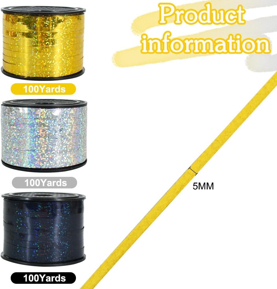 BEISHIDA 3 Pack 100 Yards Gold Silver Black Curling Crimped Glitter Ribbon Balloon String Shiny