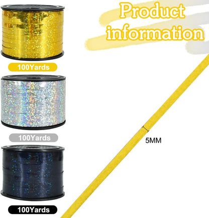 BEISHIDA 3 Pack 100 Yards Gold Silver Black Curling Crimped Glitter Ribbon Balloon String Shiny