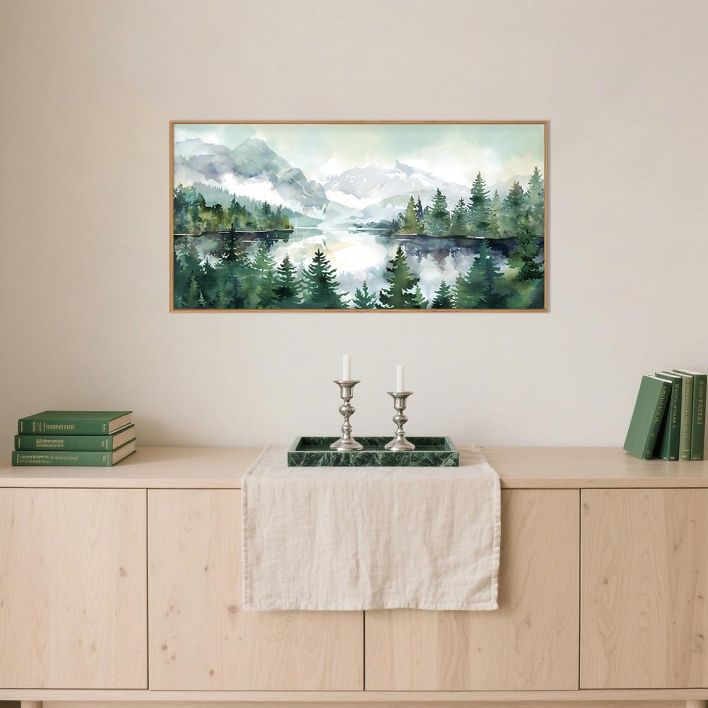 Celestdeco Watercolor Mountain Framed Canvas Wall Art Set, Boho Forest Wall Decor, Nature Green