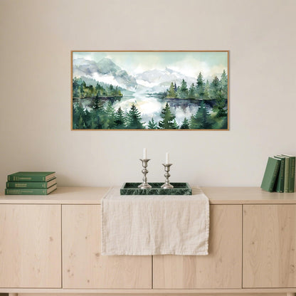 Celestdeco Watercolor Mountain Framed Canvas Wall Art Set, Boho Forest Wall Decor, Nature Green