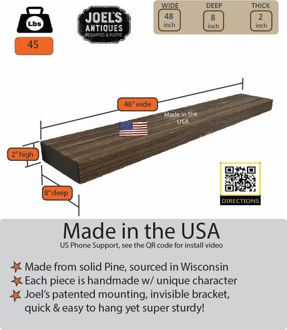 joelsantiques 48 Inch Wooden Floating Shelves for Wall - 48x8x2 in - Made of Natural Wood - Heavy