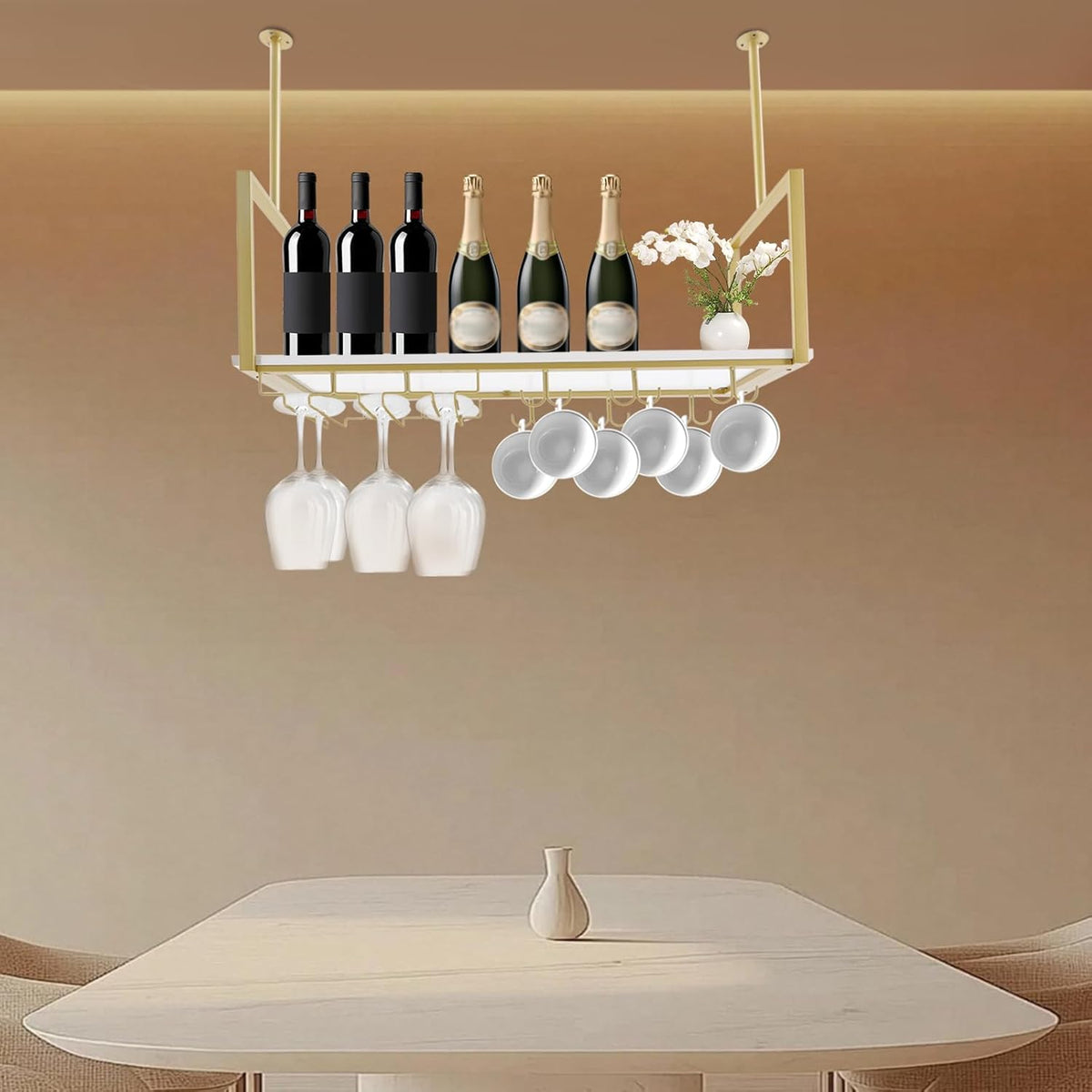 Hanging Wine Rack with Glass Holder Shelf Metal Ceiling Bar Wine Glass Rack Industrial Wall Mounted