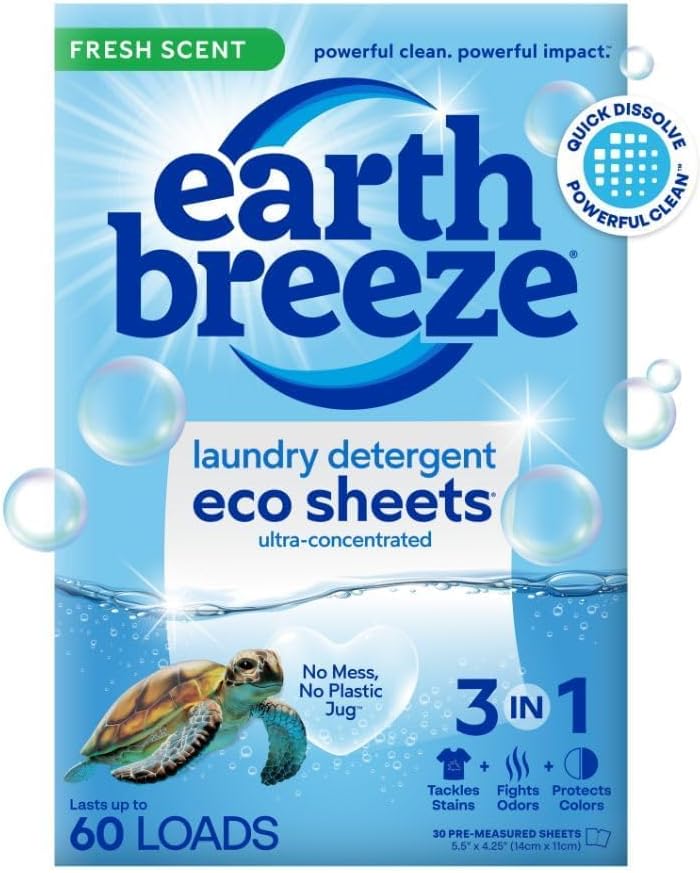 Earth Breeze Laundry Detergent Sheets Fresh Scent - 60 Loads Eco Liquidless Soap - Travel-Friendly