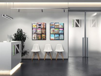 Displays2go Wall Mount Acrylic Brochure Holder, 9-18 Adjustable Pockets, Tiered Design - Black