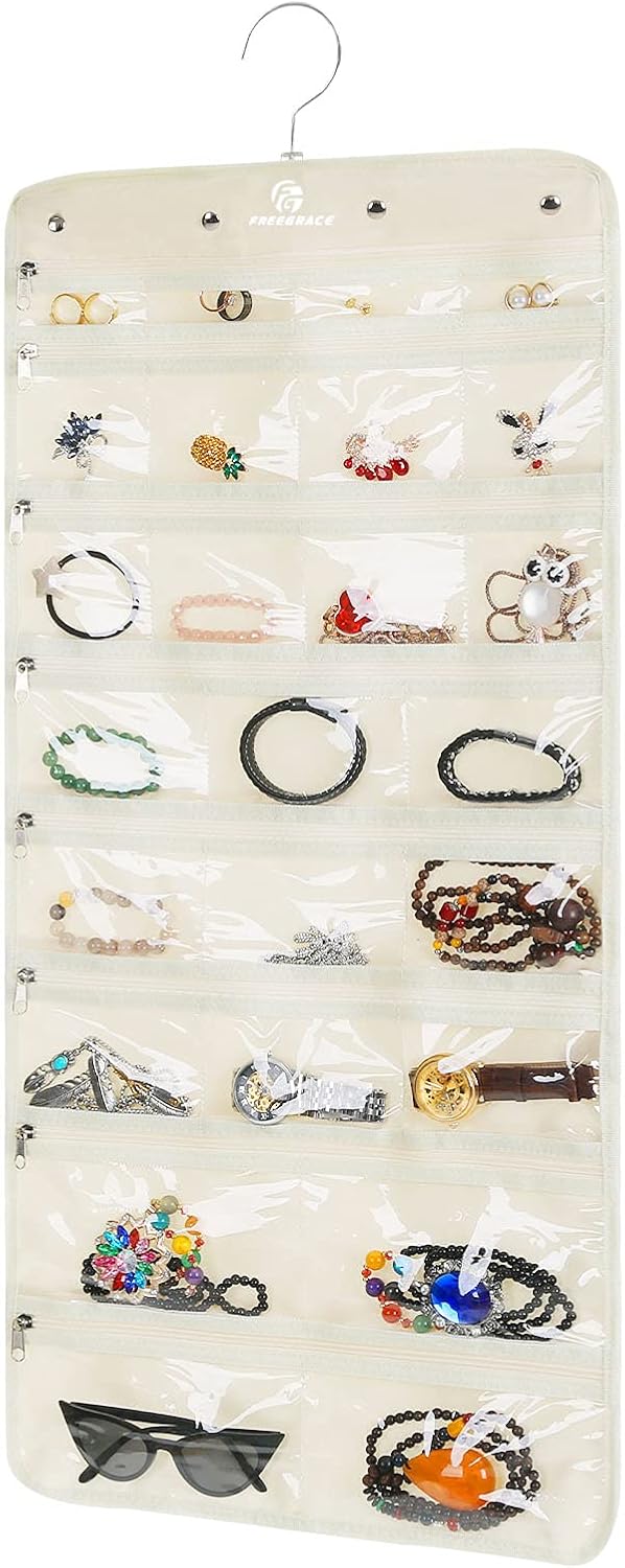 Freegrace Hanging Jewelry Organizer Revolving Hanger - Secure Zipper Closure - 50 Pockets