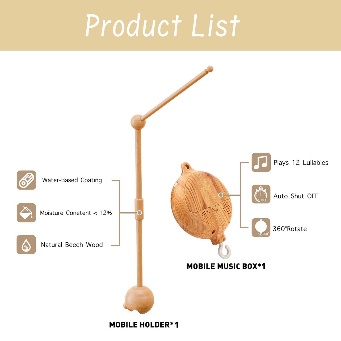 Crib Mobile Arm with Music Box,32.5 Inch Crib Mobile Stand,Wooden Mobile Arm for Crib (2