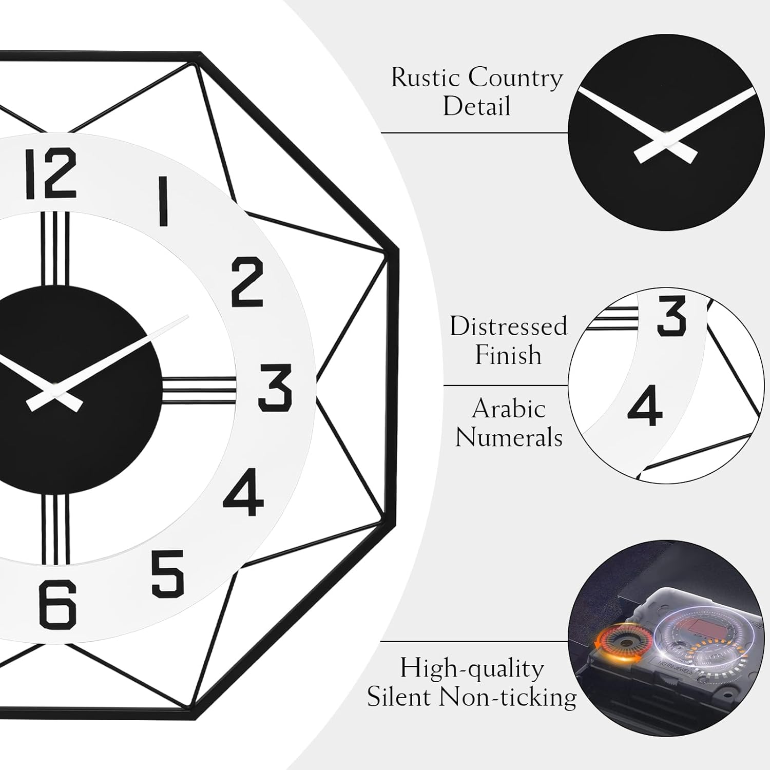 Modern Look Wall Clock – Large Decorative Silent Clock for Living Room Decor, 24 Inch Geometric