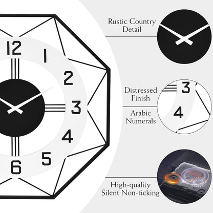 Modern Look Wall Clock – Large Decorative Silent Clock for Living Room Decor, 24 Inch Geometric