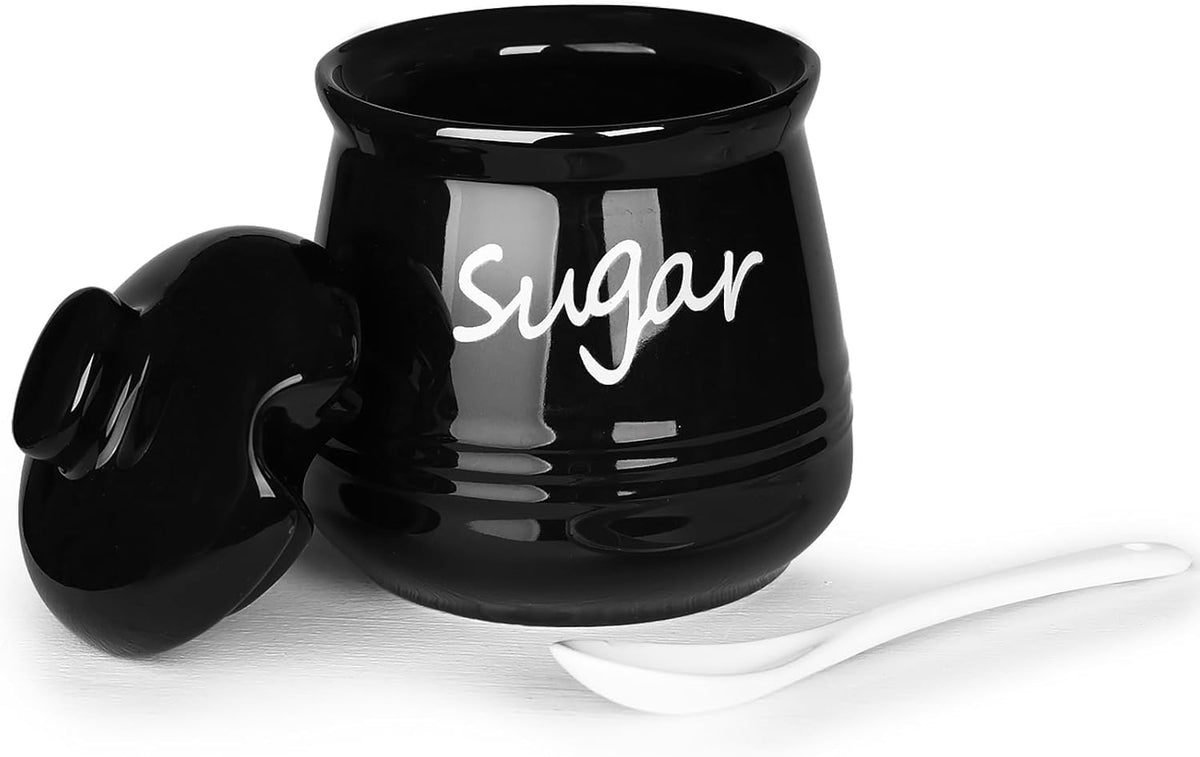 HAOTOP 12oz Sugar Bowl with Lid and Spoon,Ceramic Sugar Jar Sugar Dispenser Sugar Container Coffee