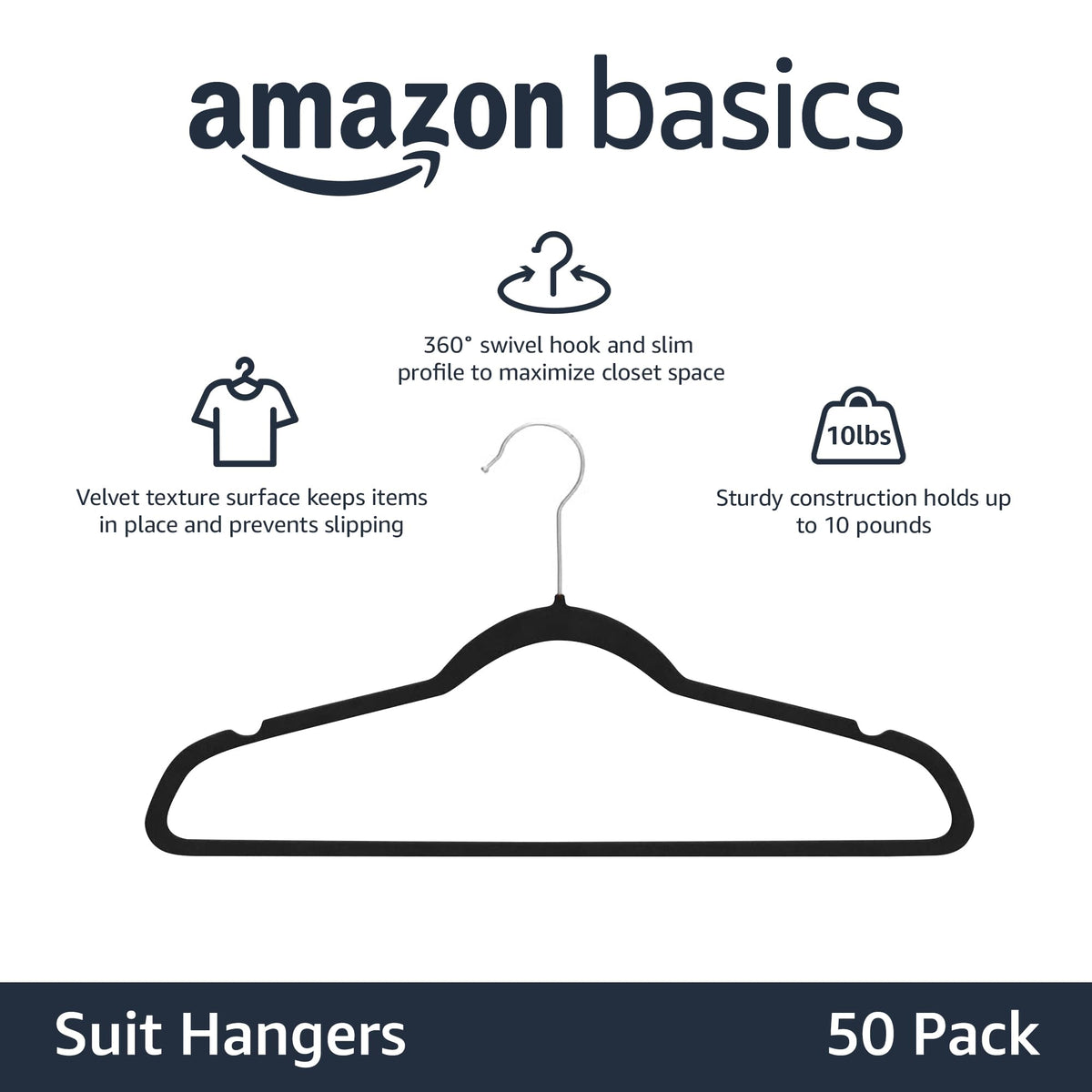 Amazon Basics Slim Velvet Non-Slip Space Saving Suit Clothes Hangers, Closet Organizer, Black